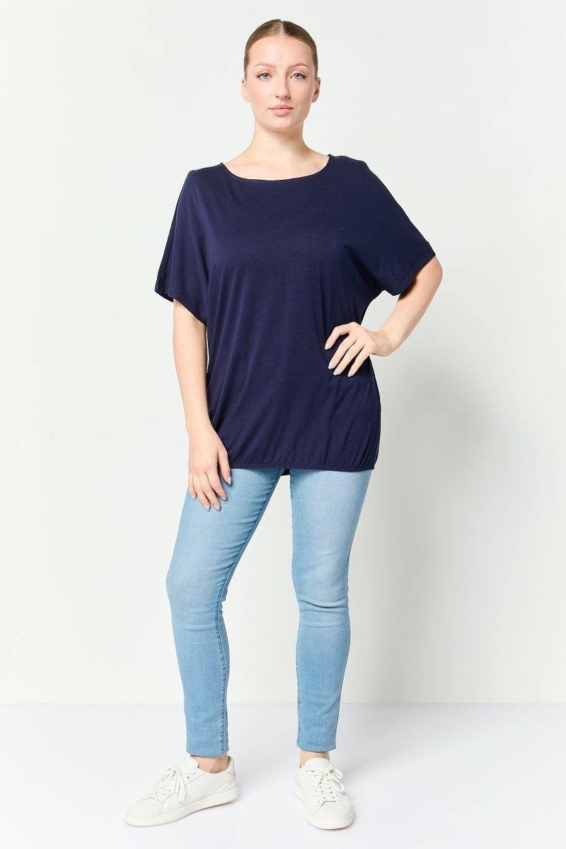 Tchibo Women Round Neck Short Sleeve Plain Top, Navy - Image 2